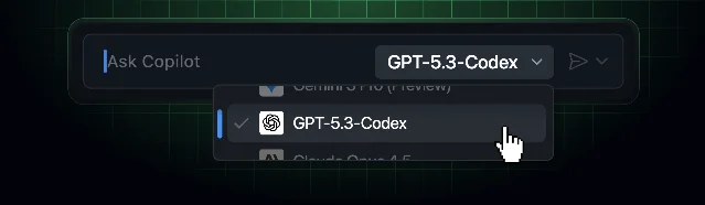 GitHub Copilot model picker showing GPT-5.3-Codex selected as the base model