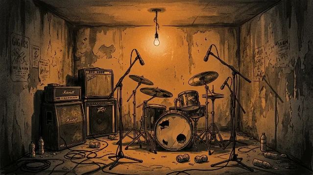 A dingy underground rehearsal room — drum kit with three microphone stands positioned around it, Marshall and Fender amplifiers in the corner, tangled cables on the concrete floor, crushed cans, a bare amber bulb hanging from the ceiling