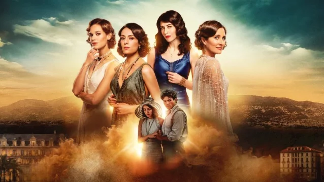 Official Netflix key art for Summer '36: four women in 1930s period fashion — satin dresses, pearls, lace — stand against a glowing Côte d'Azur sunset with a grand hotel and rolling hills behind them