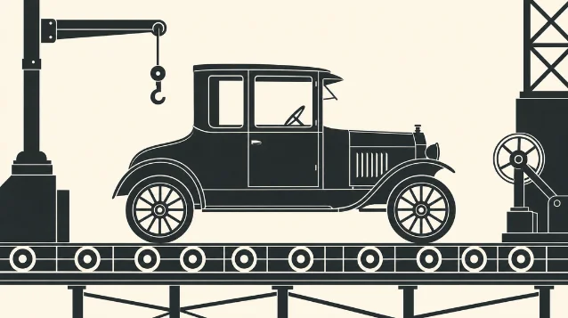 福特 Model T 装配线侧影,1920 年代工业几何风格示意