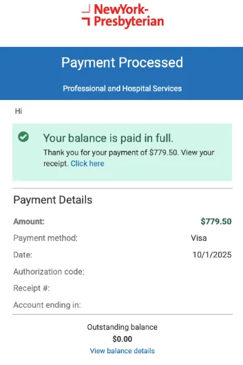 NY Presbyterian payment confirmation email showing $779.50 paid, balance $0.00, dated October 1, 2025