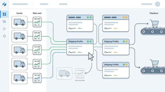Shipping profile dashboard connecting carrier services and rate cards to checkout lanes