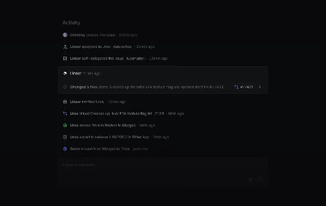 Completed Coding Session card inside an issue activity feed — showing agent identity, status row, file change summary, and intervention input