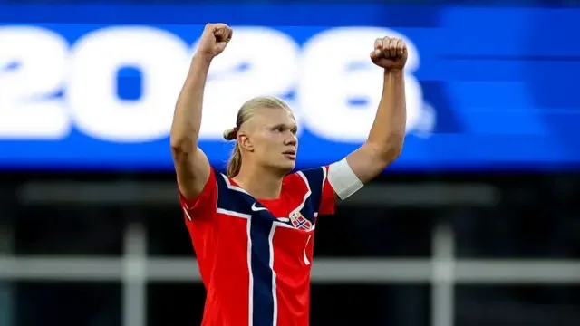 Erling Haaland celebrates Norway's 4-1 win over Iraq in Boston, his World Cup debut