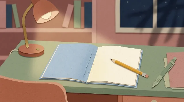 Blue notebook and yellow pencil on a quiet desk