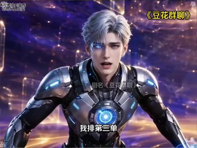 AI漫剧成片画面,一名身穿银灰色未来机甲的年轻男子正视镜头,左上角标注AI生成提示语。