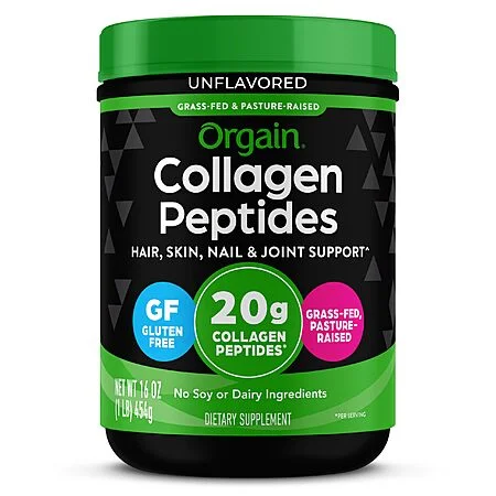 Orgain Hydrolyzed Collagen Peptides Powder (1lb) — black container, gluten-free, grass-fed & pasture-raised, 20g per serving, no soy or dairy