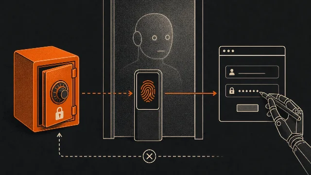 Conceptual view of the credential boundary: the password goes to the browser while the model stays behind the gate.