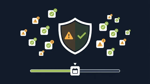 Illustration of a central compliance shield flanked by app icons with green checkmark and amber warning statuses, and a timeline progress bar below