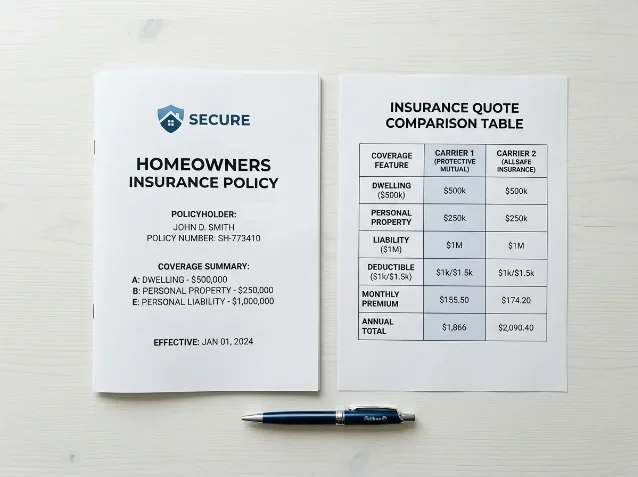 Insurance policy document beside a printed coverage comparison table showing two carriers side by side, pen on white desk, professional photography
