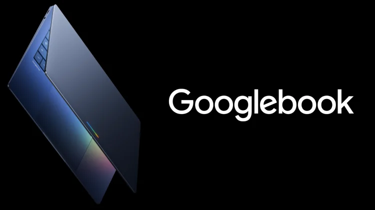 Googlebook laptop on black background showing Google brand color accents