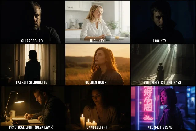 9 cinematic lighting styles — Chiaroscuro, High-key, Low-key, Backlit Silhouette, Golden Hour, Volumetric Light Rays, Practical Light, Candlelight, Neon-lit Scene