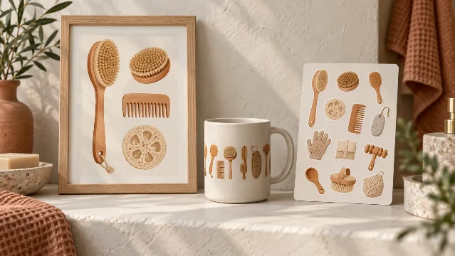 AI-generated product concept: a framed body-brush specimen plate, a printed mug and a body-care sticker sheet on a bathroom shelf