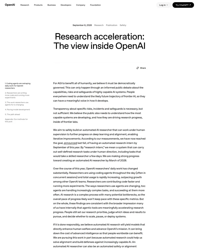 OpenAI 9 月 6 日《Research acceleration: The view inside OpenAI》页面首屏