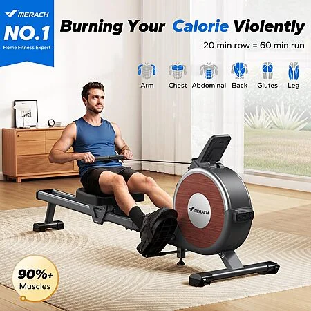Merach Q1S magnetic rowing machine in a home living room, labeled features showing dual slide rail and 350lb capacity