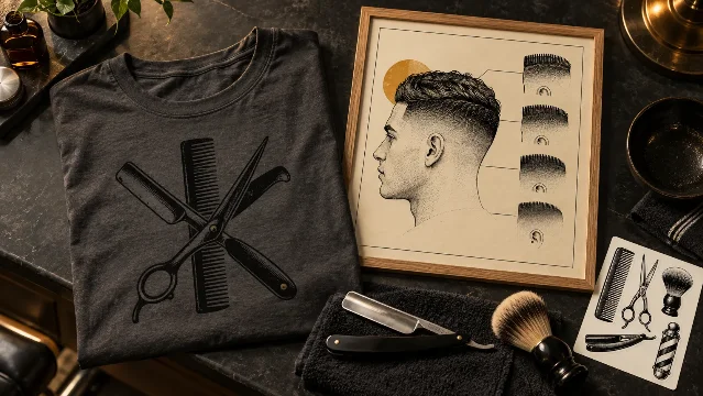 AI-generated product concept: charcoal tee printed with crossed shears and razor, framed fade-chart poster and barber tool sticker sheet on a slate counter