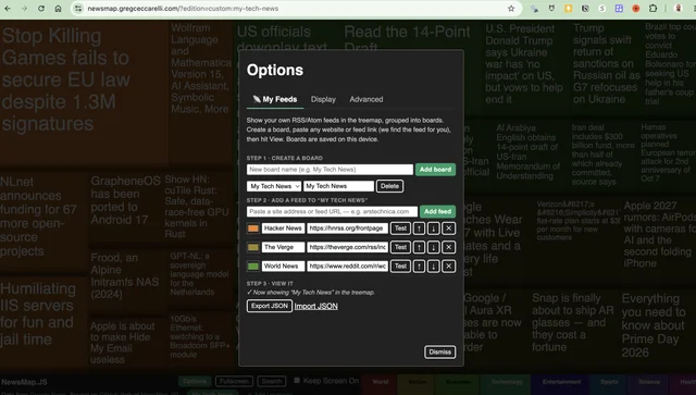 Screenshot of the RSS Newsmap fork showing treemap news visualization with custom RSS feed configuration panel open