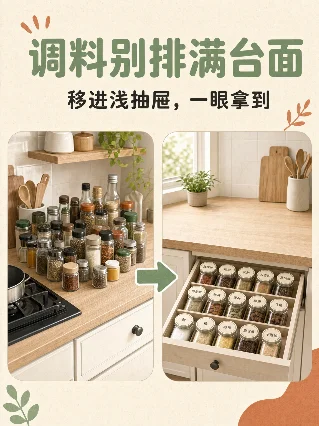 调料别排满台面，移进浅抽屉一眼拿到