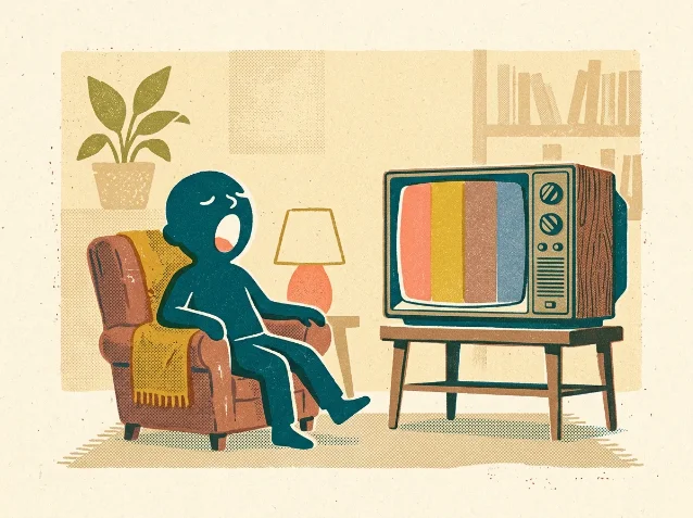 Person yawning in front of a dull television test pattern
