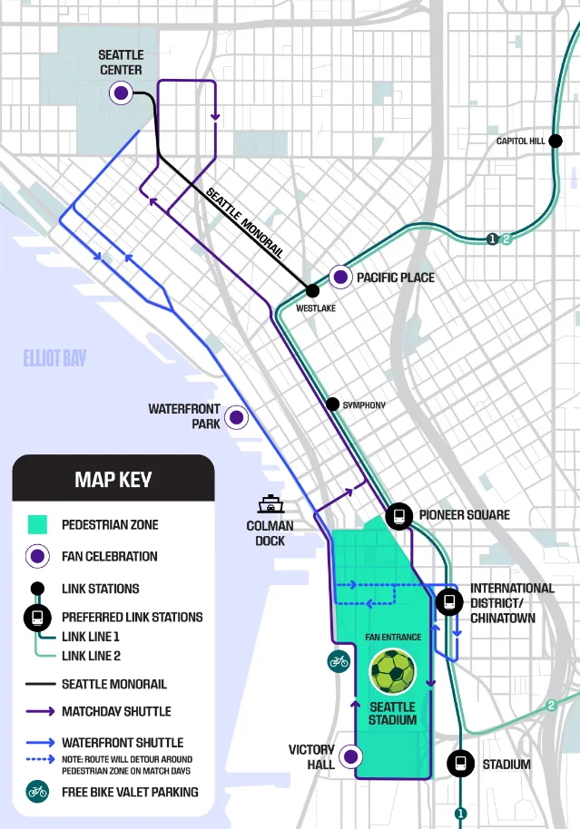 SeattleFWC26 matchday map showing the stadium district, mobility zones, and fan routes