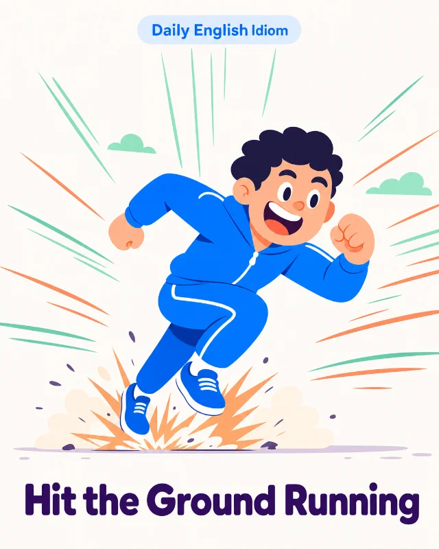 Card A: Literal scene — a cheerful character leaping from above and sprinting full-speed the instant they land