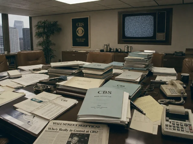 A recreation of the 1985 corporate war-room atmosphere, with CBS documents and hostile bid papers spread across a conference table — the failure that launched Turner's decade-long strategic search for scale