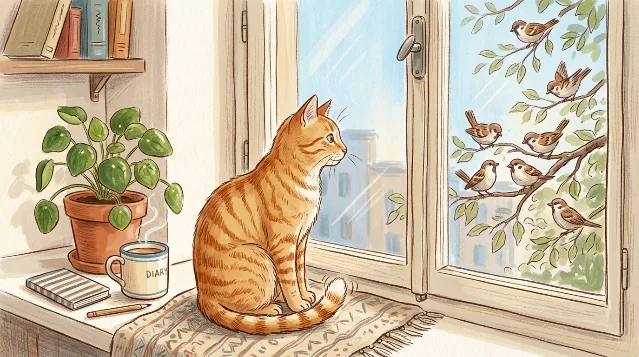 猫坐在窗台上看鸟