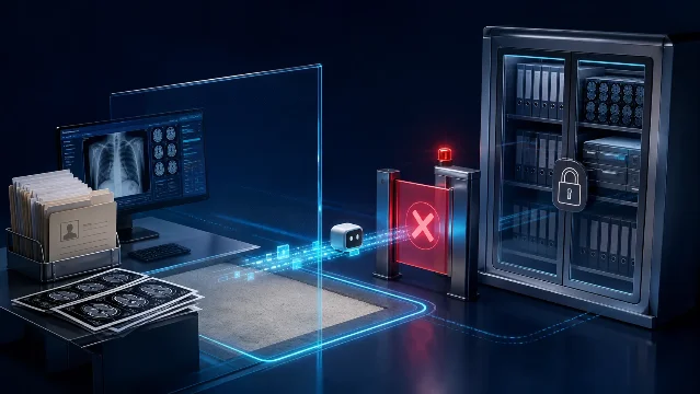 医疗数据附近越过隔离边界的AI智能体近失示意图