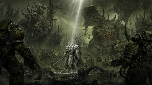 A lone silver-armored warrior stands defiant on a pestilent battlefield, surrounded by towering daemon forces — outmatched but unbroken