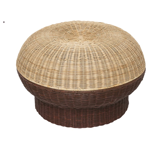 IKEA PS 2026 round hand-woven rattan footstool, two-tone brown/red weave, opens for storage