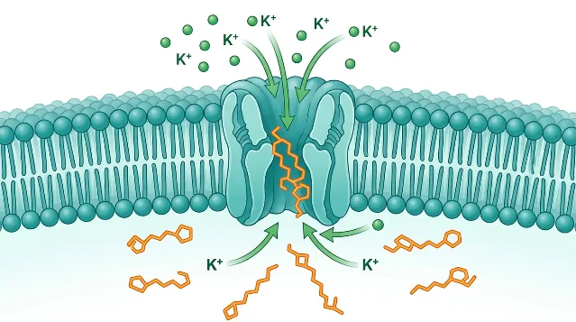 Kir2.1 potassium channel cross-section with polyamine molecules blocking the pore, with K+ ion flows depicted