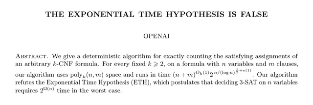 论文首页:标题 THE EXPONENTIAL TIME HYPOTHESIS IS FALSE,署名 OPENAI,摘要给出确定性计数算法与亚指数时间界,并写明这个算法 refutes ETH