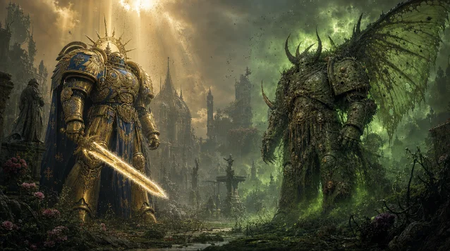 Two armored titans facing each other on a ruined world — one in gold radiance, one wreathed in corruption — under a light that descends like judgment