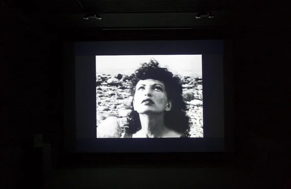 MoMA PS1 展映《At Land》时的装置现场，黑白影像投在暗室屏幕上