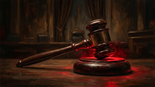Conceptual courtroom gavel with red warning light glow on dark background — Chapter 11 bankruptcy