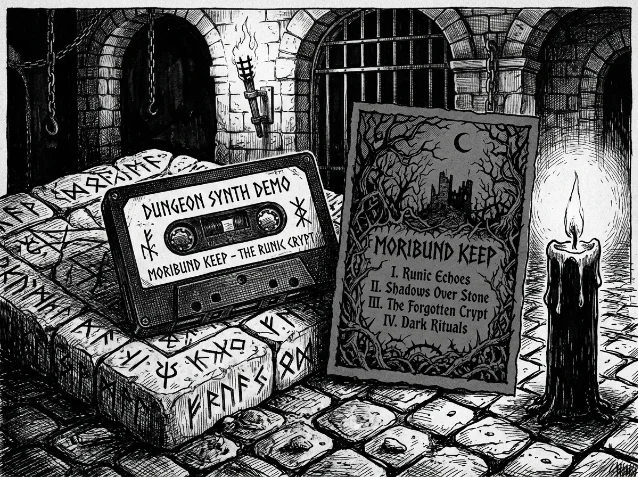 A cassette tape on a rune-carved stone block, beside a hand-printed J-card with gothic tree art and a tracklist, candlelit dungeon stonework in the background, black and white ink style