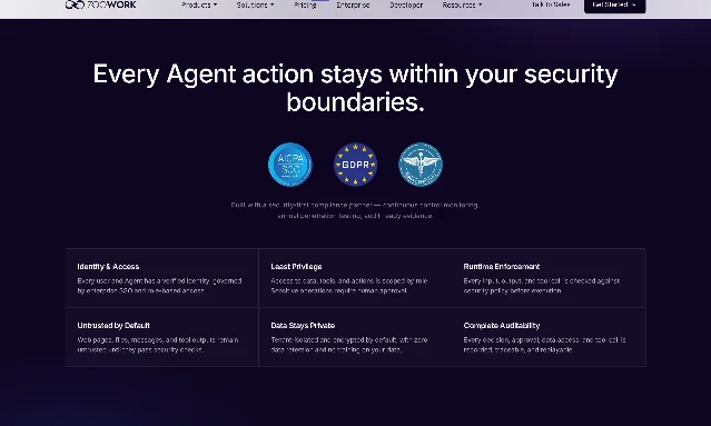 ZooWork 首页安全区:AICPA SOC、GDPR、HIPAA COMPLIANT 三枚徽章,下方一行合规伙伴说明与六张能力卡