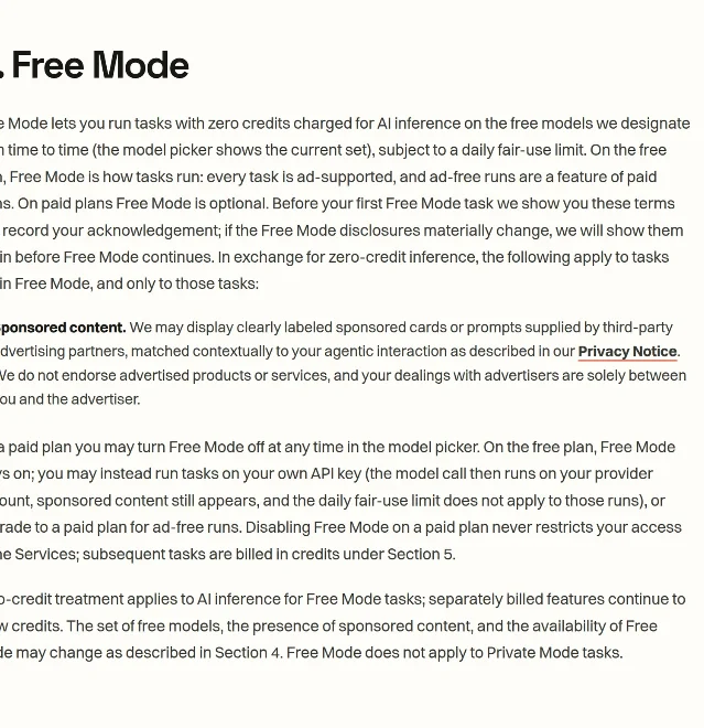 The Free Mode section of rtrvr's terms: every free-plan task is ad-supported, sponsored cards are matched to the agentic interaction, and on the free plan Free Mode stays on