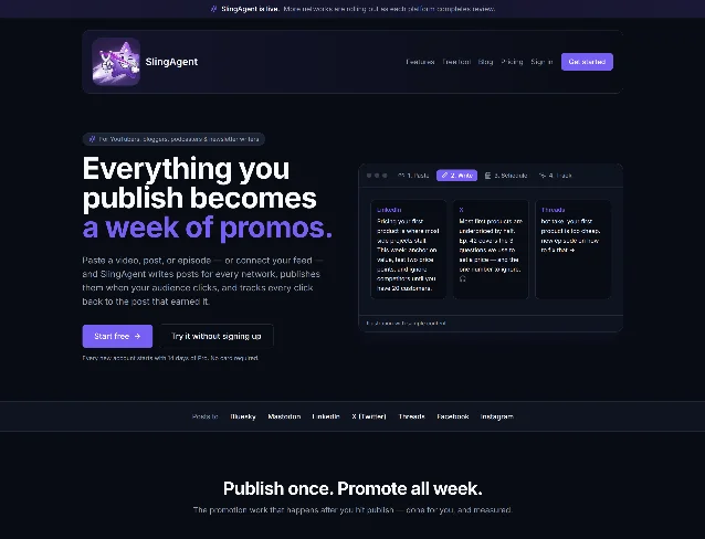 SlingAgent 官网首页首屏,主标题是 Everything you publish becomes a week of promos,右侧是 Paste、Write、Schedule、Track 四步流程条与 LinkedIn、X、Threads 三张帖子卡片,下方一行列出七个可发布平台