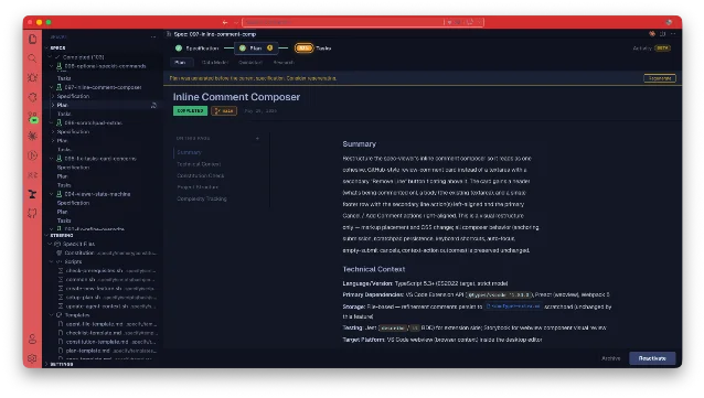 SpecKit Companion viewer panel showing a spec at the Plan stage with Specification, Plan, and Tasks tabs in the header, sub-document chips, and rendered plan content