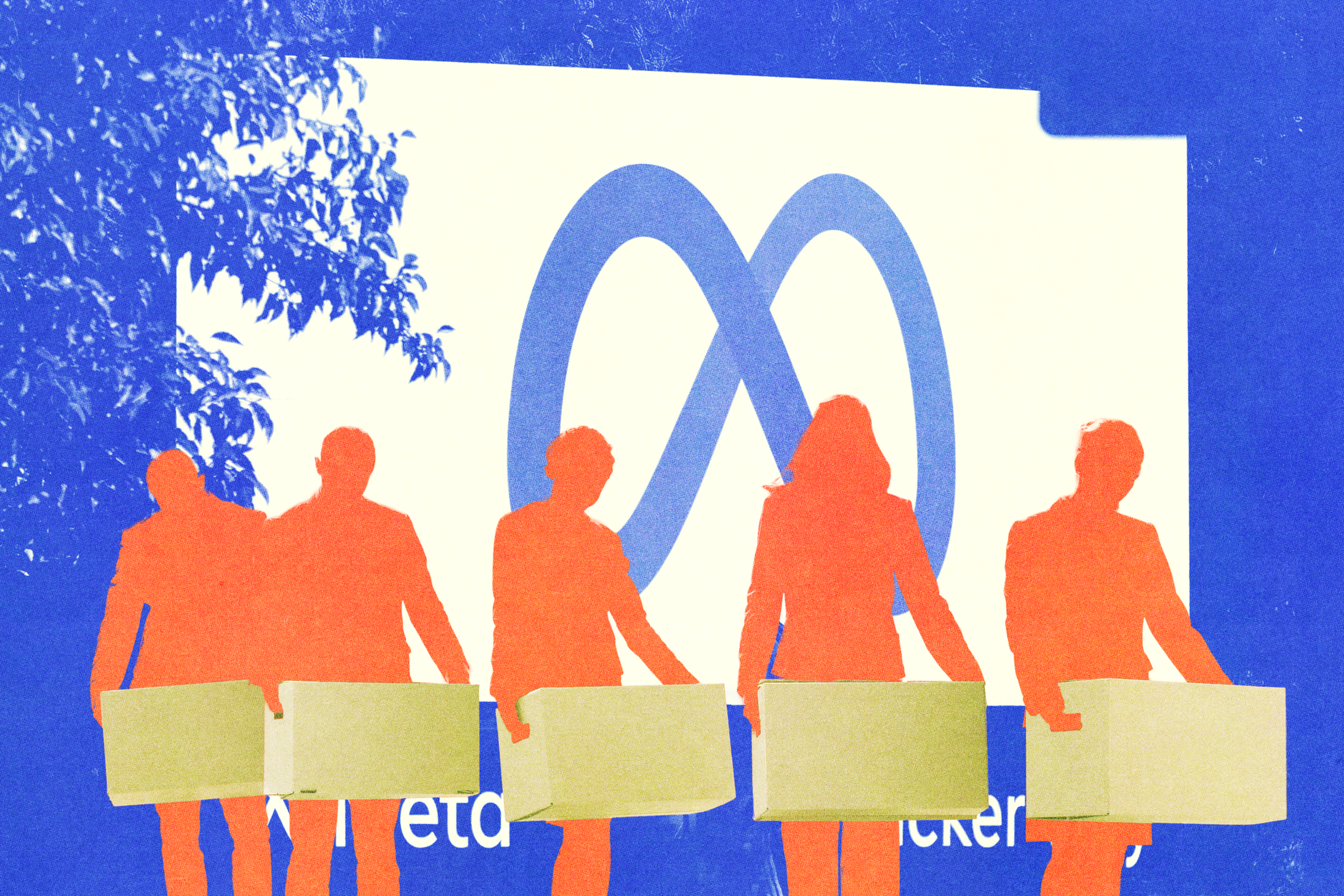 Five orange silhouettes holding cardboard boxes against a Meta logo background — editorial illustration for the SF Standard's reporting on Meta's layoff wave