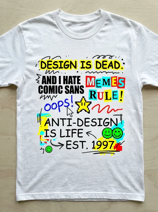 AI-generated design concept: anti-design chaotic typography t-shirt — MS Paint doodle aesthetic, white unisex tee
