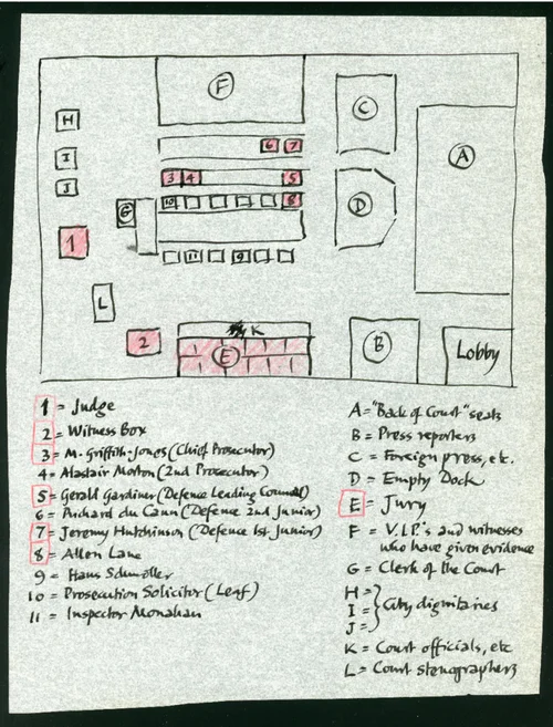 Hans Schmoller's diagram of Court Number One, Old Bailey, during the Lady Chatterley trial, 1960