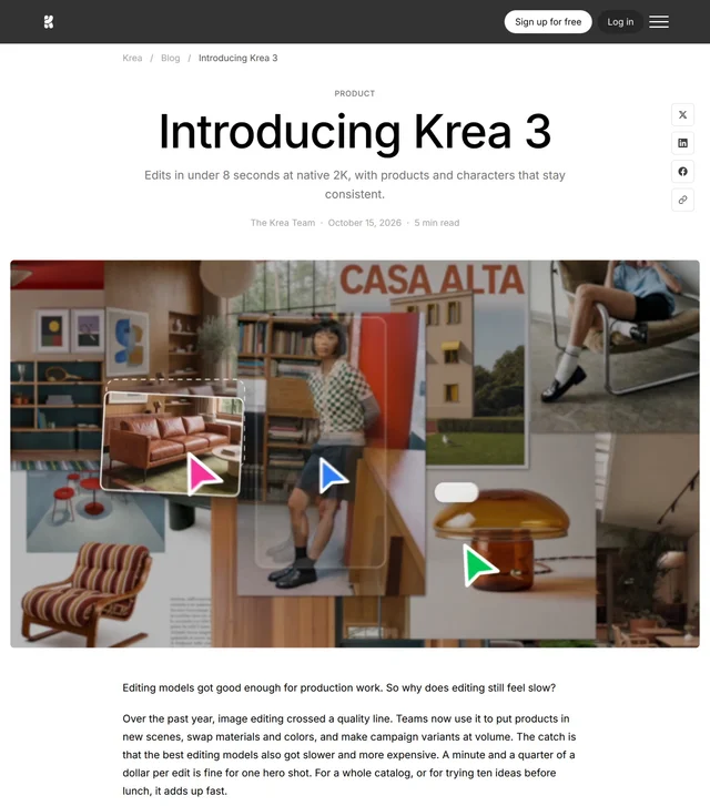 Krea 官方博客的 Krea 3 发布页