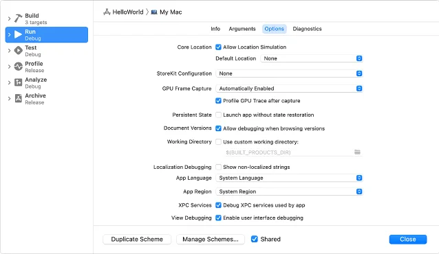 Xcode Scheme Editor 里的 App Language 和 App Region 设置