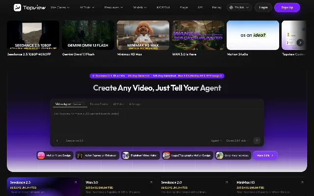 Topview 官网首页的 Video Agent 与 Motion Studio 入口,中央是自然语言创作框和模型选择区