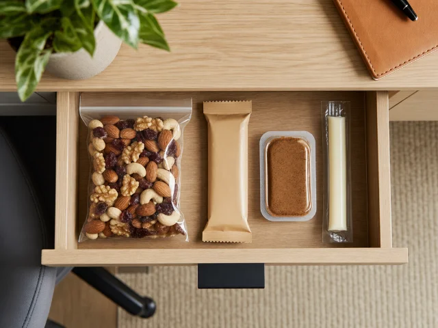 Mixed nuts, protein bar, nut butter, and string cheese organized in a desk drawer — a no-prep protein reserve