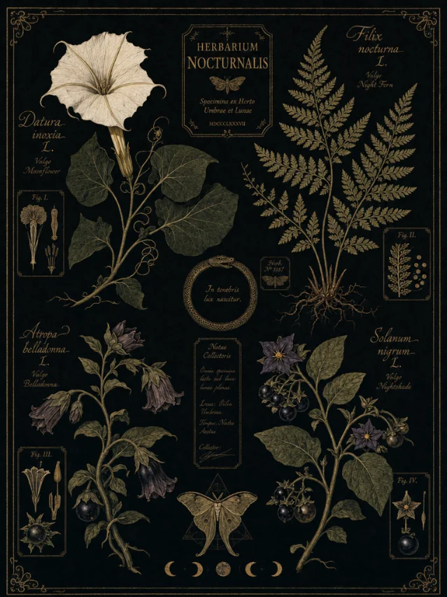 Dark botanical herbarium poster design concept — gothic Victorian specimen plate