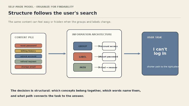 A content pile becomes groups, labels, and a shorter path to a user's task