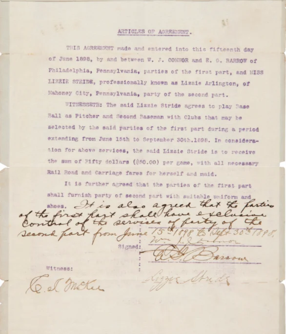 1898 contract naming Lizzie Arlington as pitcher and second baseman
